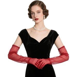 Women's Tulle Wine Red Long Satin Gloves Evening Elbow Length Party Costumes